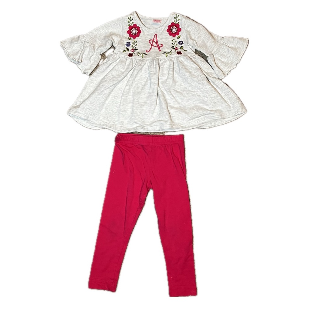 Ricrac & Ruffles Embroidered Top and Pant Set, Monogrammed A - Size 2T